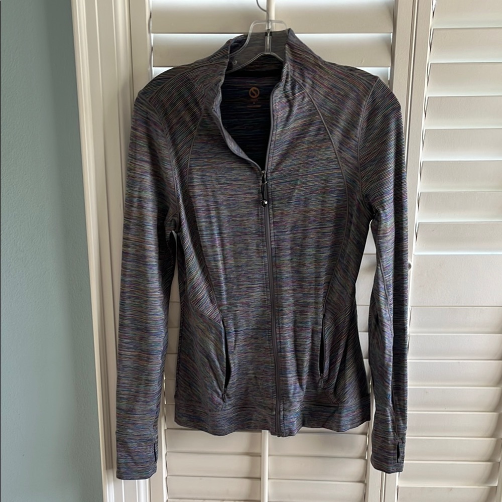 Shape FX Gray with multi colored spaced dyed yarn Zippered Polo Sweatshirt